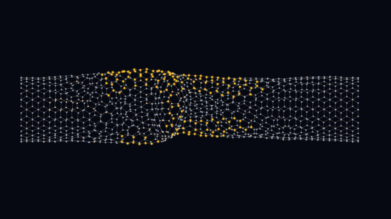 Side view of a (10,10) carbon nanotube after buckling. Hex bonds on a night-lab background, amber highlight on the mid-span kink.
