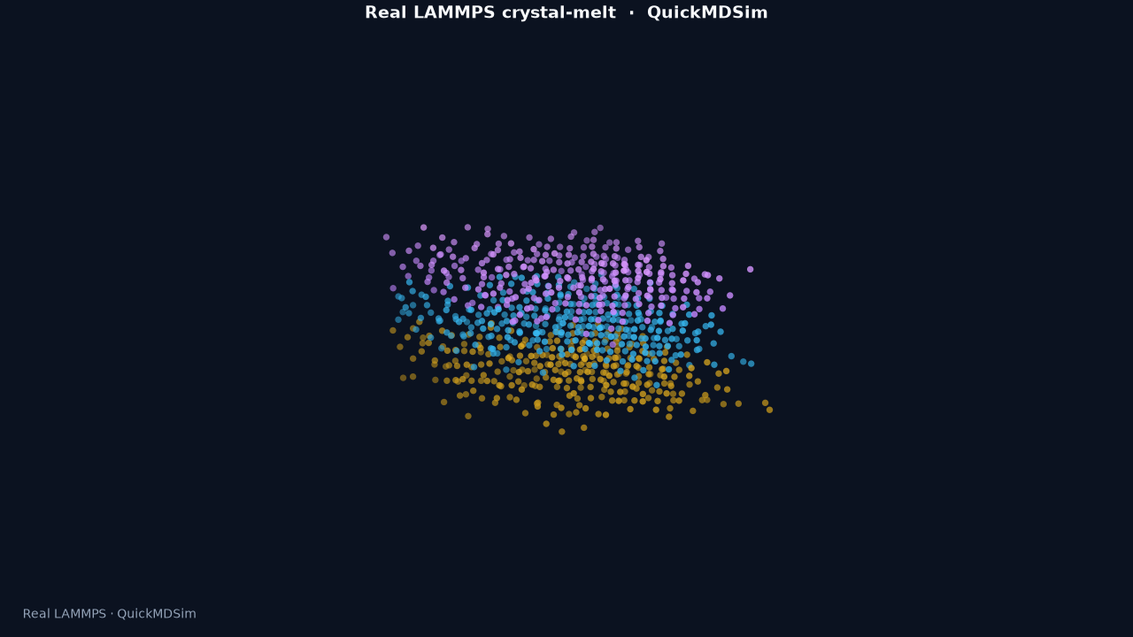 Still from a real QuickMDSim LAMMPS crystal-melt job: amber, sky, and violet atoms in a disordered melt configuration after heating and shear, rendered from dump.shear_melt.lammpstrj.