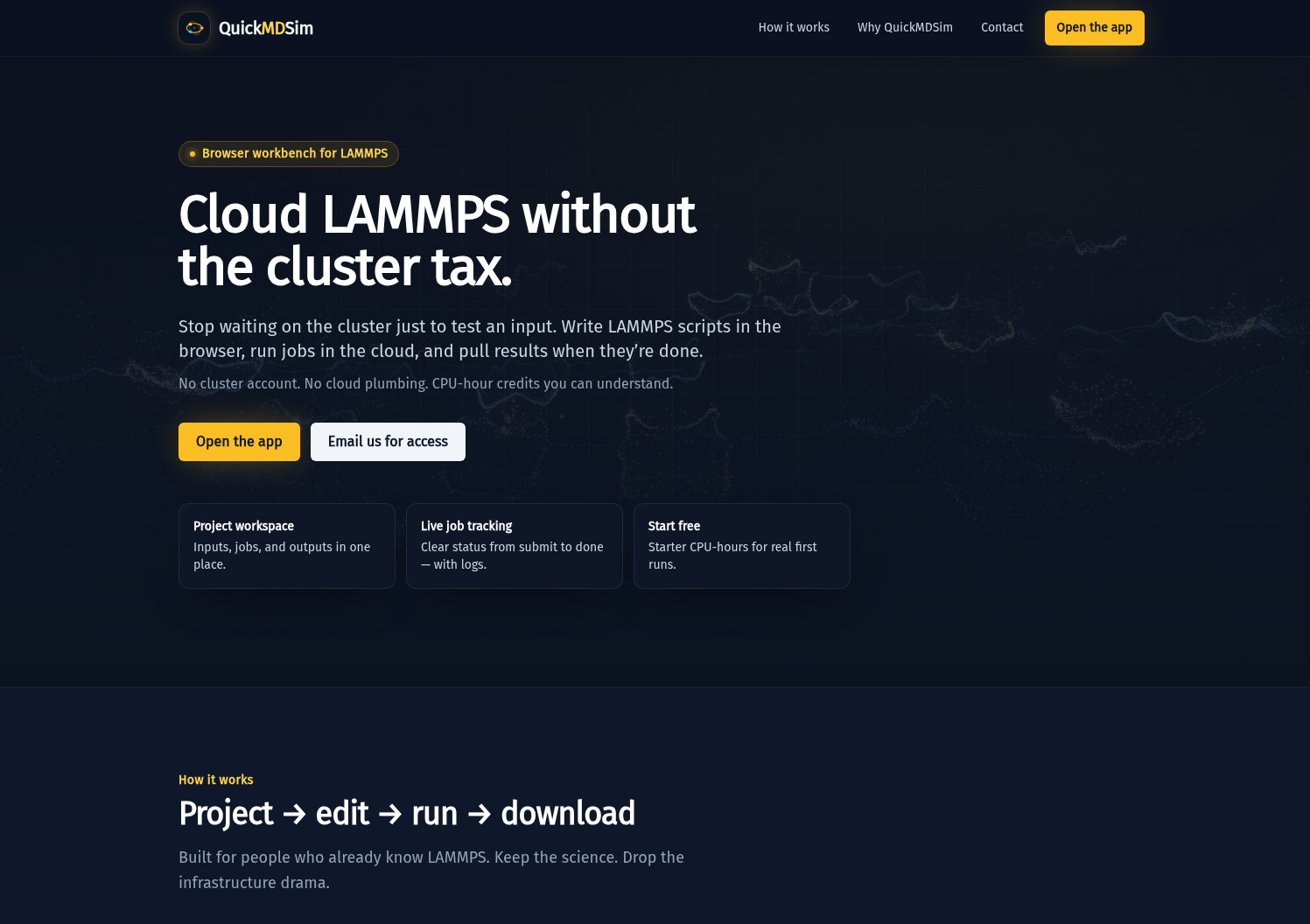 The QuickMDSim marketing site hero: dark night-lab theme with amber call-to-action buttons and the headline 'Cloud LAMMPS without the cluster tax.'